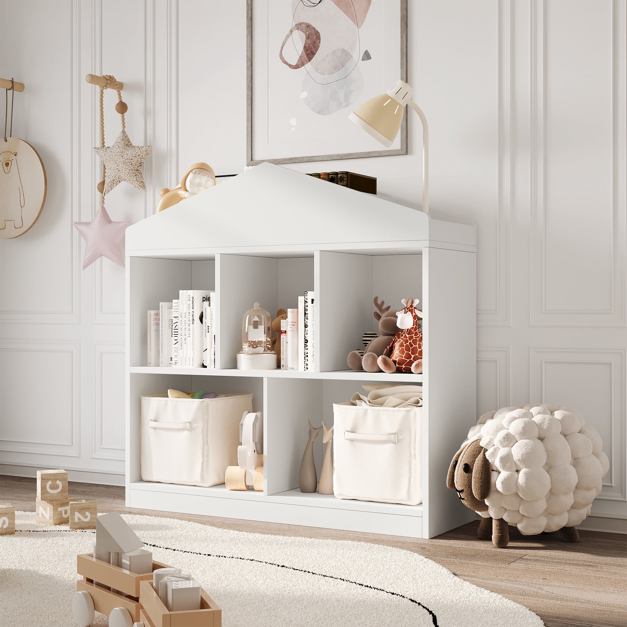 BeesClover Toy Storage Organizer 5-Cubby Kids Bookshelf White Bookcase Toddlers Playhouse Cabinet Shelf for Boys Girls Wooden Cubby Storage Toy Shelf for Playroom, Nursery, Kids Room