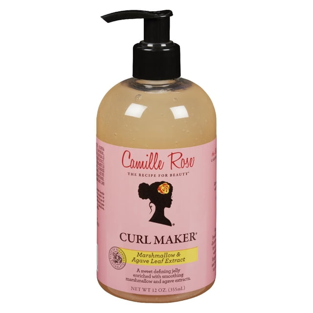 Gelée pour Fabriquer des Boucles par Camille Rose en Bouteille Pompe Transparente de 12 oz avec Étiquette Rose Mettant en Vedette la silhouette Noire d'Une Femme avec une Fleur, gel Définissant les Boucles Enrichi d'Extrait de Racine de Guimauve et de Feuille d'Agave pour Hydrater et Styliser des Boucles Naturelles.
