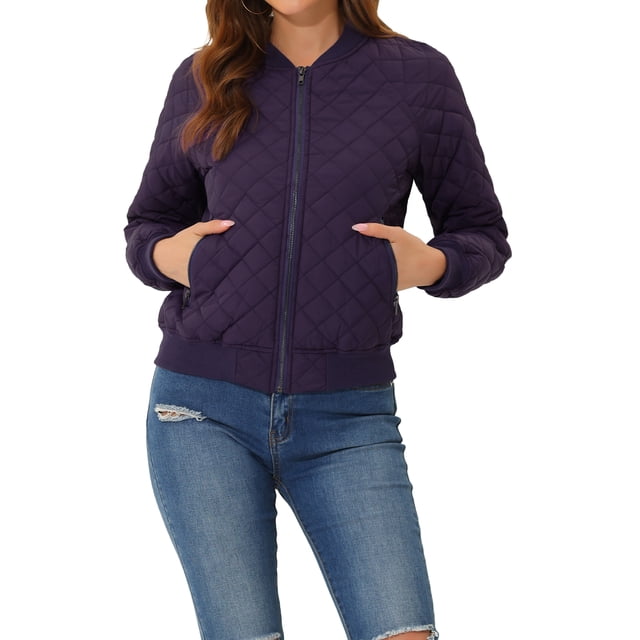 INSPIRE CHIC Women's Stand Collar Zip Up Raglan Sleeves Bomber Quilted Jacket XS Dark Purple