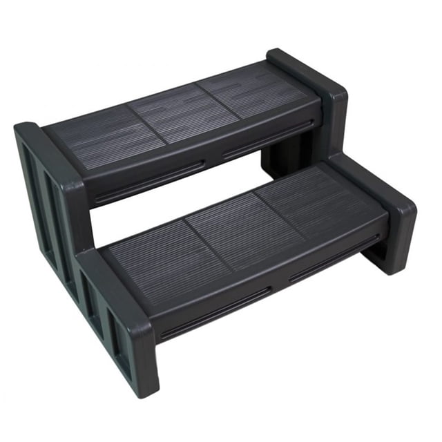 Vinyl Works Plastic Steps, 29-inch multipurpose indoor/outdoor 2-step ladder in black. Made from durable blow-molded plastic with a weight capacity of 300 pounds. Features slip-resistant treads for safety, UV-protected finish for outdoor use, and a tool-free snap-lock assembly. Compact dimensions of 27 x 10.5 x 7.5 inches make it suitable for use with hot tubs, pools, RVs, or around the home.