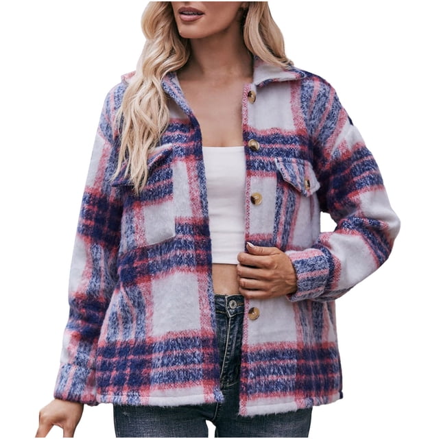 Penkiiy Veste Sans Capuche Ample à Carreaux Imprimée pour Femme G Violet