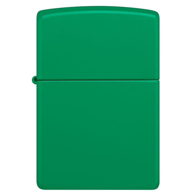 Zippo Reg. Grass Green Matte windproof lighter with all-metal matte green finish and hinged lid, refillable for camping and outdoor use, ideal for reliable fire starting in windy conditions.