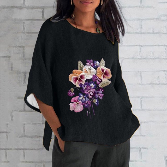 Blouses pour Femmes, Mode Décontractée Alzheimer Manches 3/4 Imprimé Coton Ample