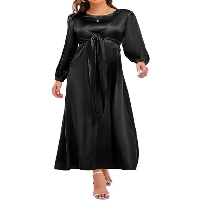 Femmes Automne Midi Robe à Manches Longues Noeud devant Robe en Satin