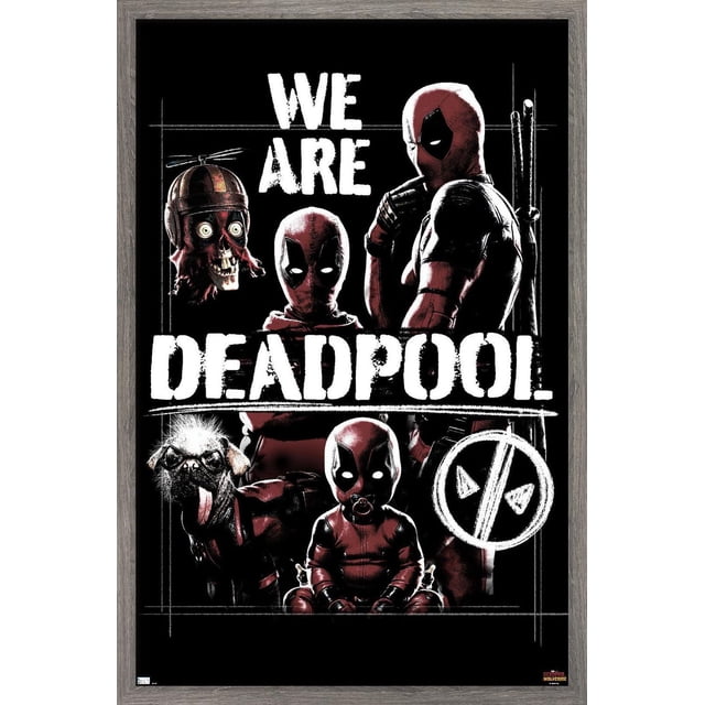 Marvel Deadpool & Wolverine - Affiche Murale « We Are Deadpool » avec Cadre Magnétique, 22,375 Po x 34 Po Présentant une Oeuvre Brillante à Haute Résolution de Deadpool sous Diverses Formes, Y Compris une pose Intégrale avec des Épées, un Bébé Deadpool avec une Suce, un Chien Portant des Lunettes et une Tête Deadpool Flottante avec un Casque à Hélice, Ensemble sur Fond Noir avec Texte Blanc Audacieux « We Are Deadpool » et un logo Deadpool Blanc, Encadré dans un Cadre Magnétique en Bois Idéal pour la Décoration