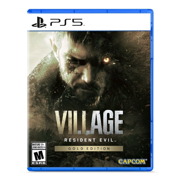 Resident Evil Village: Gold Edition (PS5) game cover with dark, textured background, large distressed 'VILLAGE' title, 'Resident Evil' subtitle, gold edition banner, ESRB Mature 17+ rating, and Capcom logo at the bottom right.