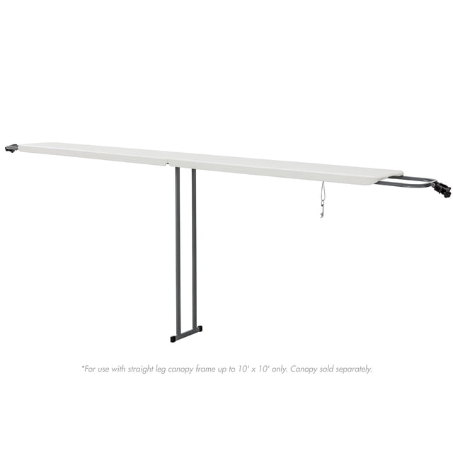 Ozark Trail 8 Foot Extendable Tailgate Table in white with a bi-fold design and steel legs, measuring 92.5 by 12 by 39 inches, featuring adjustable clamps to fit straight leg canopy frames up to 10 by 10 feet, includes a hanging bottle opener, ideal for tailgates, camping, and outdoor events, and often used as extra serving space at backyard parties.