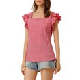 thumbnail image 4 of INSPIRE CHIC Hauts à Carreaux pour Femme Col Carré Manches Courtes Volantées Blouse d'Été S Rouge, 4 of 6