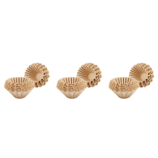 300 Pcs 1-4 Cup Basket Coffee Filters in natural brown color, made of disposable paper. Each filter measures 4.5cm in base diameter, 7cm in side height, and 10cm in overall diameter, suitable for coffee makers from 1 to 4 cups. The filters efficiently remove oils and coffee particles for a better taste and are easy to dispose of, saving cleaning time. The image shows three stacks of fluted basket filters arranged on a white background.