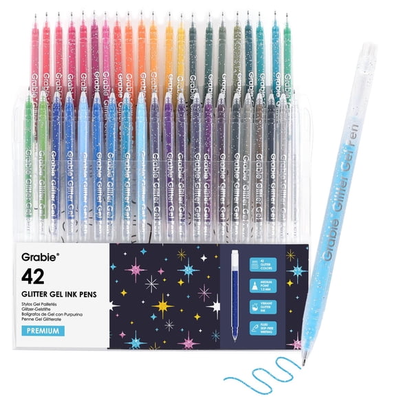 Grabie 42 Capped Glitter Gel Pen Set, 18 Iridescent&24 Essential Color Pens, Smooth Rollerball Tip, Metallic Sparkly Gel Pens for