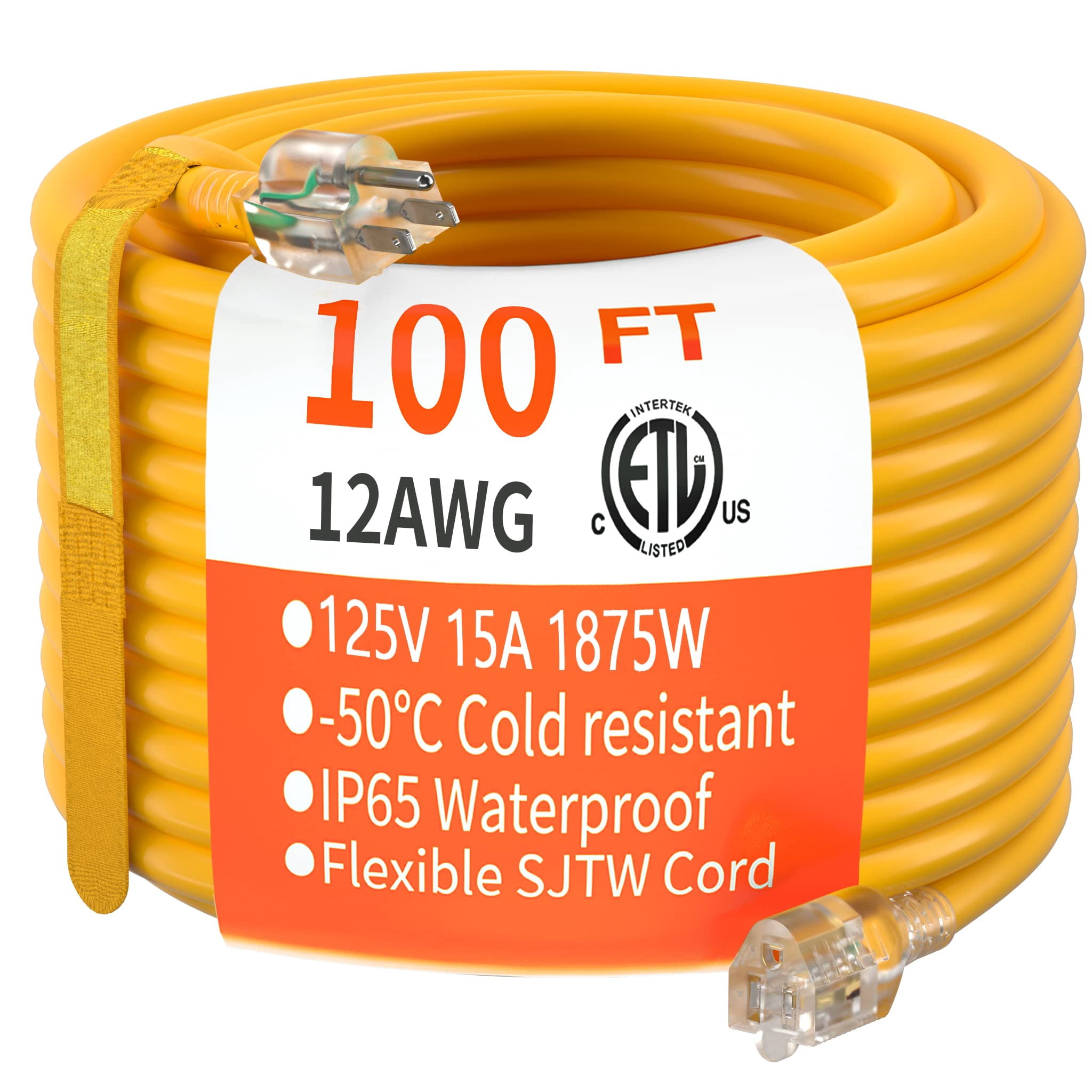 HUANCHAIN 100 ft 12/3 Gauge Heavy Duty Outdoor Extension Cord Waterproof with Lighted, Flexible Cold Weather 3 Prong Electric Cord Outside, 15A 1875W