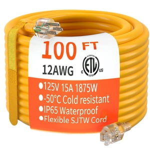 HUANCHAIN 100 ft 12/3 Cordon d'extension extérieur robuste et imperméable avec un temps froid léger et flexible 3 Cord électrique à l'extérieur, 15A 1875W