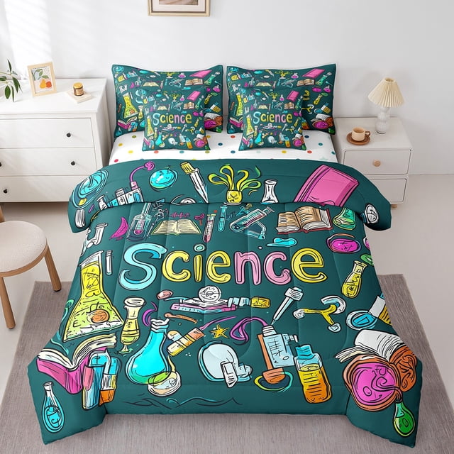 Laboratory Queen Comforter Set With Sheets,Chemistry Lab Bed In A Bag 7 Piece For Kids Adults Test Tube Microscope Graffiti Bedding Set Hippie Doodle Science Theme Bed Set