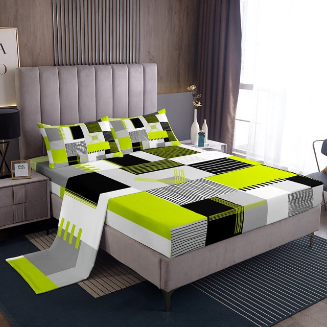 Erosebridal Geometry Lines Full Sheet Sets,Patchwork Rectangle Bedding Full Size,Stripe Bedroom Decor,Lightweight,4pcs