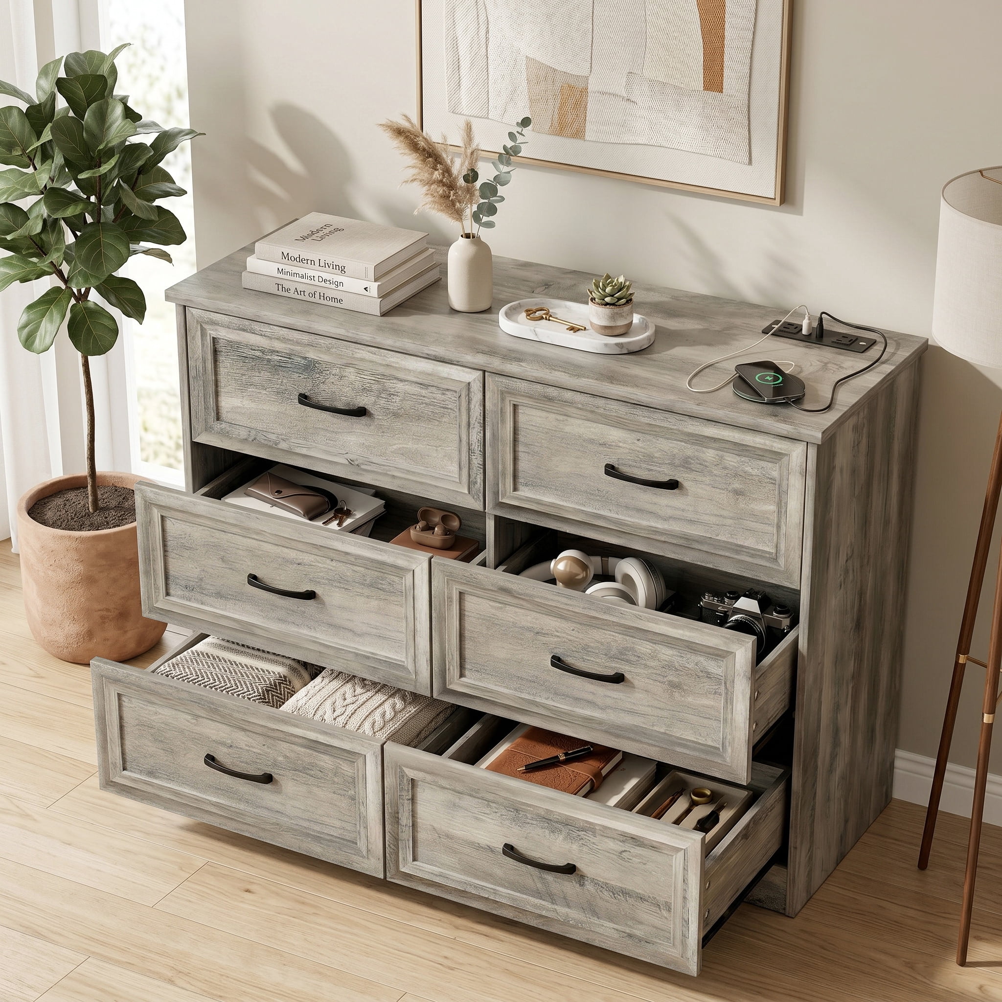 VEANERWOOD 6 Drawers Dresser for Bedroom, Wood Chest of Drawers with Charging Station, Grey