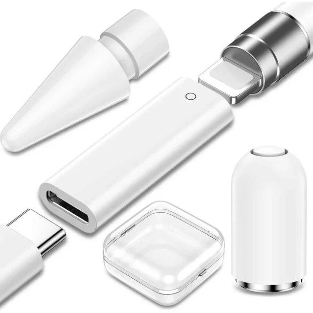 3-Pack USB C to Pencil 1st Gen Adapter Type C Female for Lightning Female Adapter for iPad 10, featuring essential Apple Pencil 1st generation accessories. Includes USB C to Lightning adapter, replacement tip, and magnetic top cover cap. Compatible with iPad 10th generation and later models with USB C ports. Packaged in a clear storage box for convenience.