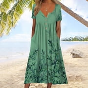 Soki Summer Dresses for Women Ladies Plus Size Elegant Dress Sweet & Cute V-Neck Mini Short Sleevele Floral Dress with Pockets