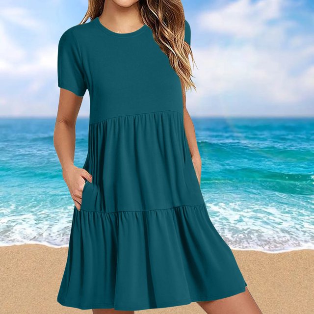 Fshaion Robe d'Été pour Femmes 2024 Grande Taille Décontractée à Manches Courtes Robe T-Shirt Robes Mini à Étages avec Poches Liquidation à Moins de 10!