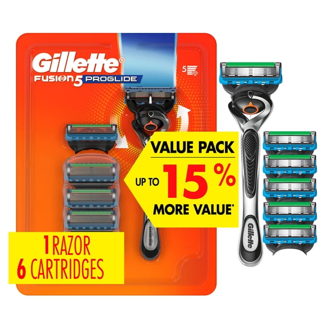 Gillette Fusion5 ProGlide shaving razor for men with FlexBall handle technology and precision trimmer, including one razor handle and six blade refills with five ultra-sharp blades, displayed in orange packaging labeled value pack with up to 15% more value for smooth, close shaves.