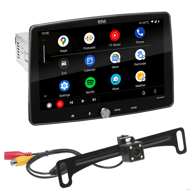 BOSS Audio Systems BE10ACP-C car audio stereo system featuring a 10-inch detachable touchscreen with Apple CarPlay and Android Auto compatibility. The single-DIN unit includes a license plate mount backup camera, Bluetooth connectivity, and FM/AM radio. The multicolour display offers customizable RGB illumination, and the system is mechless, meaning it lacks a CD or DVD drive. The touchscreen interface displays apps like Maps, Spotify, and Waze for seamless navigation and entertainment.