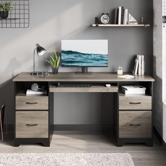 Bestier 59" Computer Desk with 4 Drawers, Office Executive Desk with File Drawer, Keyboard Tray for Home Office, Grey