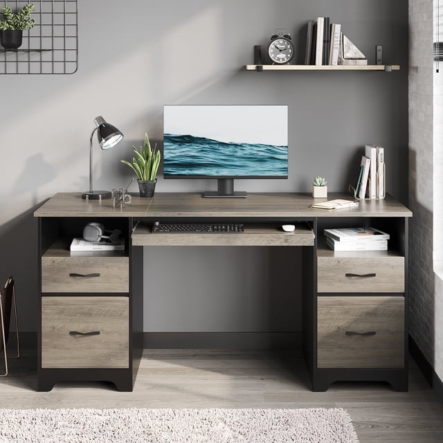 Bestier 59” Computer Desk with 4 Drawers, Office Executive Desk with File Drawer, Keyboard Tray for Home Office, Gray. A modern gray executive desk with a 59-inch desktop, two open storage compartments, and four drawers for file storage and organization. Features a flexible keyboard tray and cable management holes, ideal for creating a tidy workspace in a home office. Often used for multitasking setups or as a study desk.