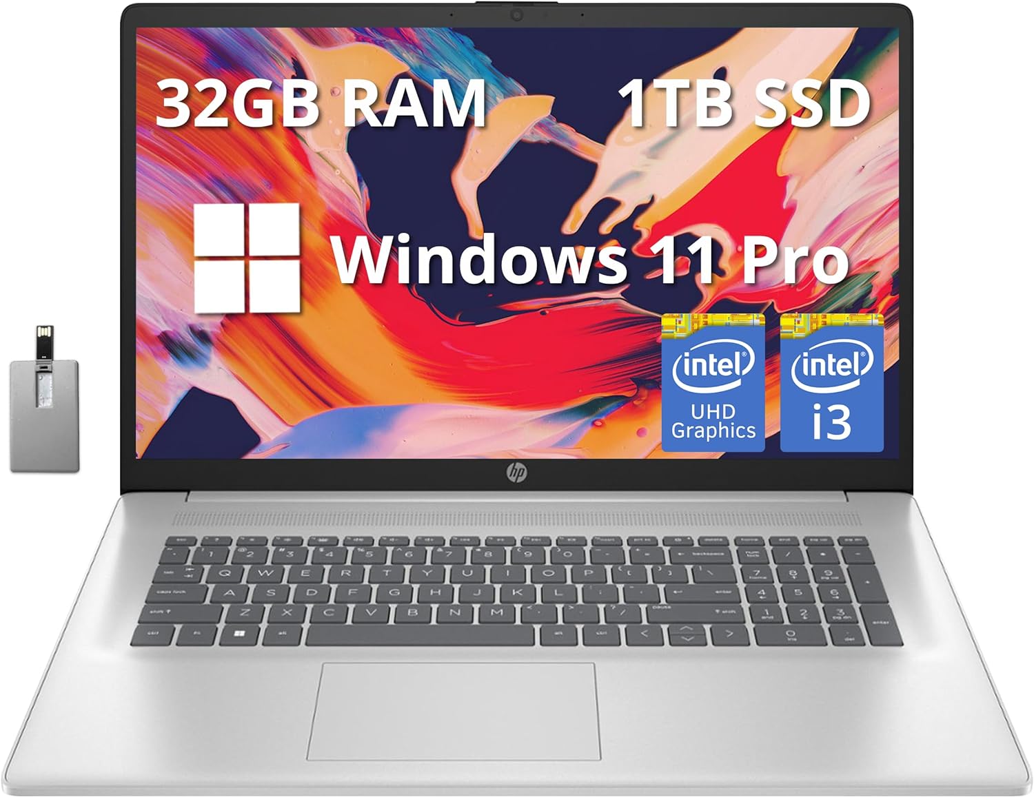HP Portable 17,3 Pouces Full HD, Processeur Intel Core i3-1215U, 32 Go de RAM, SSD PCIe 1 To, Intel UHD Graphics, Pavé Numérique, Caméra Web HD 720p, Windows 11 Pro, Argent Naturel, Carte USB Hotface 32 Go