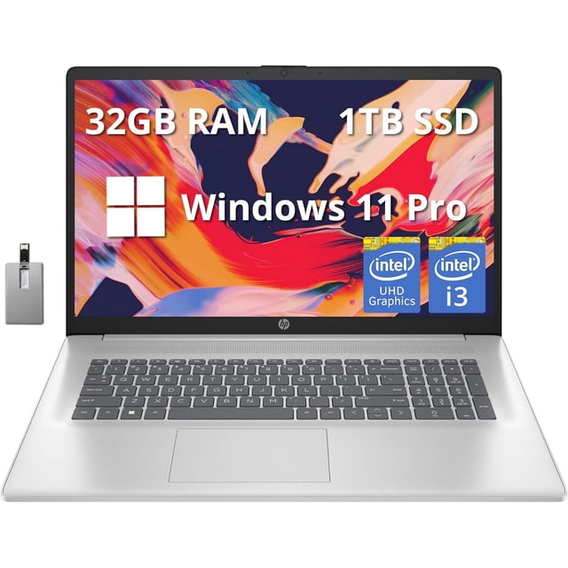 HP Portable 17,3 Pouces Full HD, Processeur Intel Core i3-1215U, 32 Go de RAM, SSD PCIe 1 To, Intel UHD Graphics, Pavé Numérique, Caméra Web HD 720p, Windows 11 Pro, Argent Naturel, Carte USB Hotface 32 Go