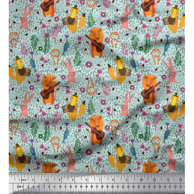 Soimoi Rayon Fabric Floral,Musical Instruments & Animals Cartoon Print Fabric by The Yard 56 Inch Wide