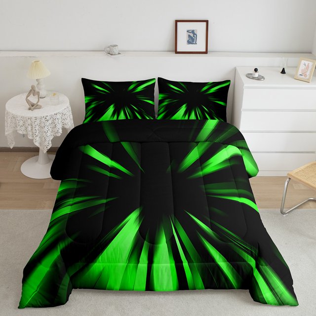 Erosebridal Abstract Ombre Bedding Queen Comforter Set, Green Black Down Comforter, Chic Geometry Decoration, Reversible