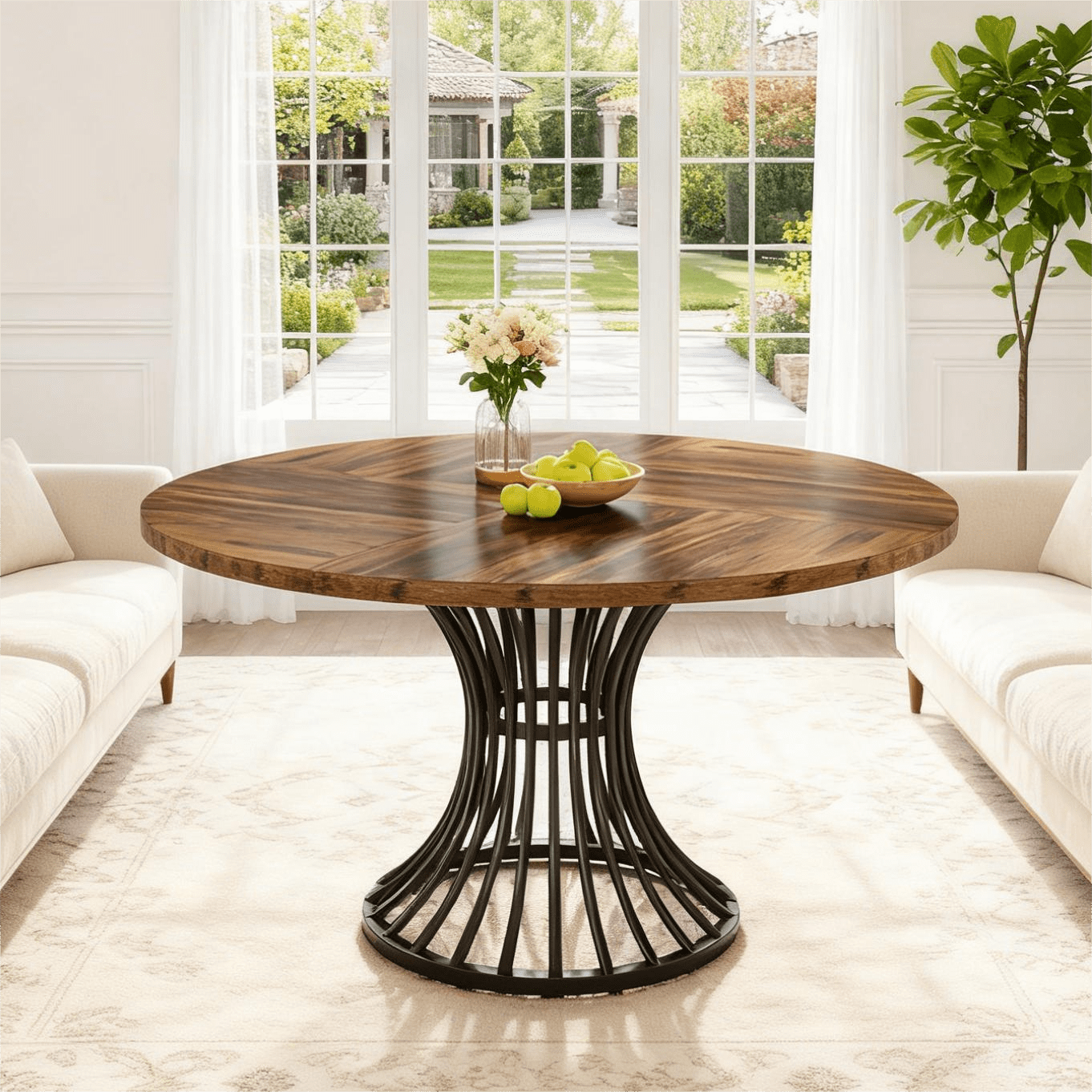 Fnova 47.24" Farmhouse Round Dining Table for 4 People, Modern Wood Tabletop Coffee Table with Metal Frame for Kitchenfor Dining Room, Brown