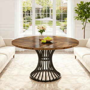 Fnova 47.24" Farmhouse Round Dining Table for 4 People, Modern Wood Tabletop Coffee Table with Metal Frame for Kitchenfor Dining Room, Brown