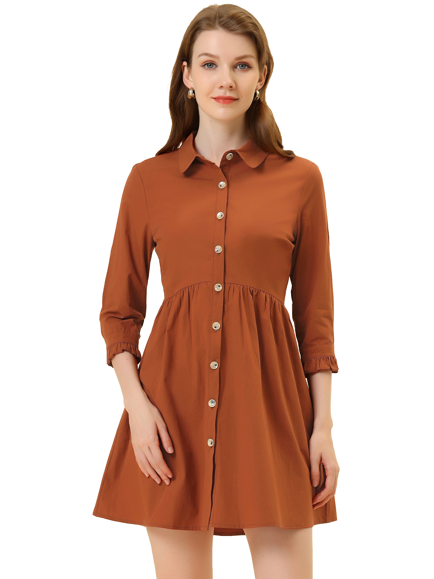 INSPIRE CHIC Robe-Chemise Mini Évasée pour Femmes à Manches 3/4 Boutonnée devant