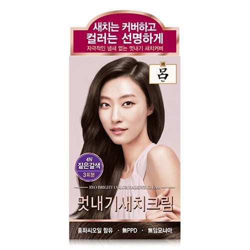 Ryo Uachae Bright Color Hair Dye Cream (4N- Dark Brown) packaging showing a woman with long, dark brown hair styled in soft waves, featuring Korean text highlighting herbal ingredients and scalp-friendly formula for vibrant hair color.