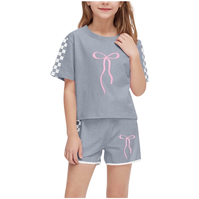 Économies d'Été! HVOBTTY Ensemble Décontracté 2 Pcs à Manches Courtes pour Filles, Ensemble de Mode Décontracté à Manches Courtes pour Garçons et Filles avec Col Rond, Boutons et Short Imprimé Gris, 5 Ans