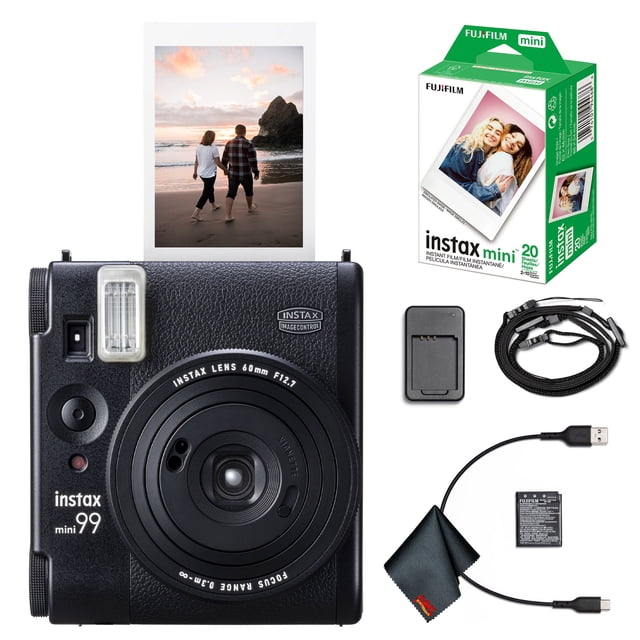 Fujifilm Instax Mini 99 Instant Ensemble d'Appareil Photo à Film Comprenant un Appareil Photo Analogique Noir Mat avec un Objectif 60mm f/12.7, des Boutons d'Obturateur Doubles et Cinq modes de Prise de Vue pour une Photographie Polyvalente. l'Ensemble Comprend un Fujifilm Instax Mini Instant Chiffon de Nettoyage en Microfibre 6Ave, un Câble de Chargement USB, une Batterie rechargeable et une Sangle pour Appareil Photo. l'Appareil Photo Imprime 2 x 3-inch [