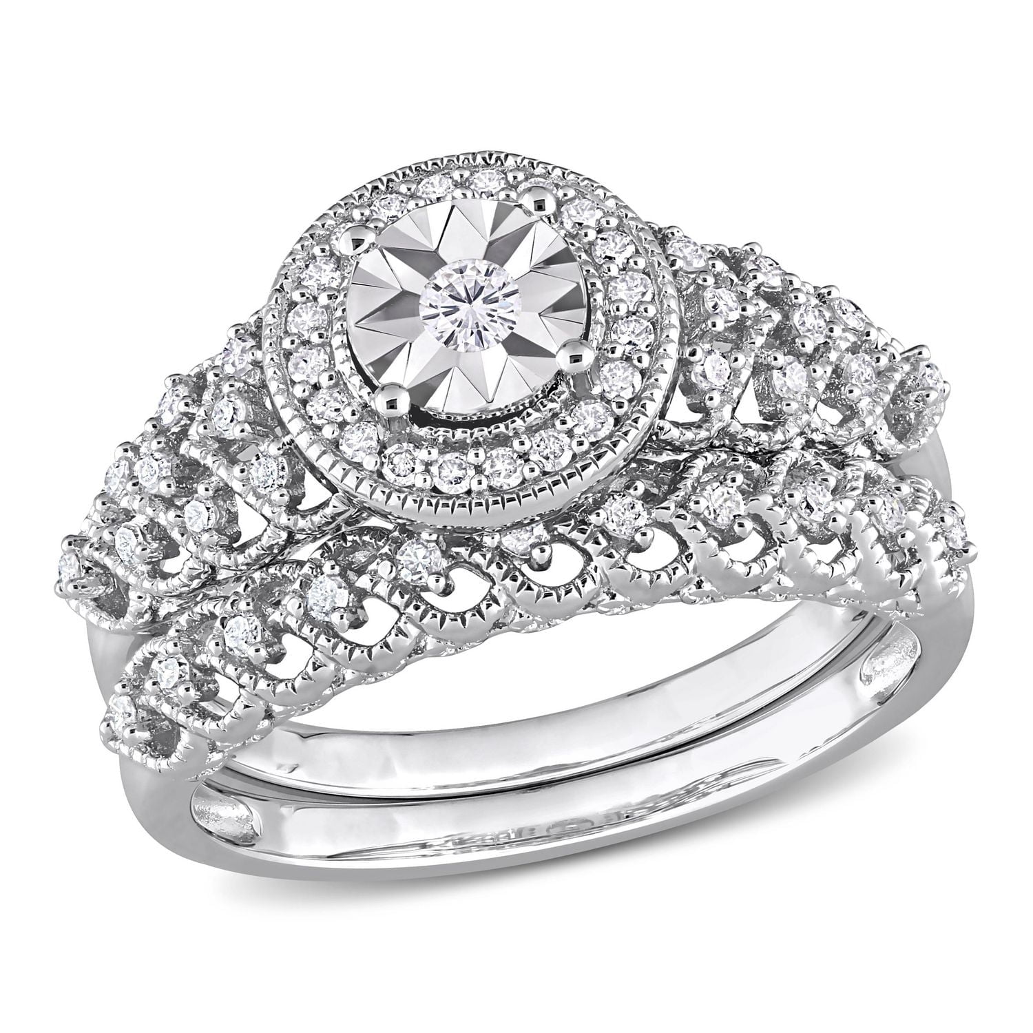 Ensemble de bague nuptiale à auréole Miabella avec 1/3 Carat poids total de diamant en argent sterling