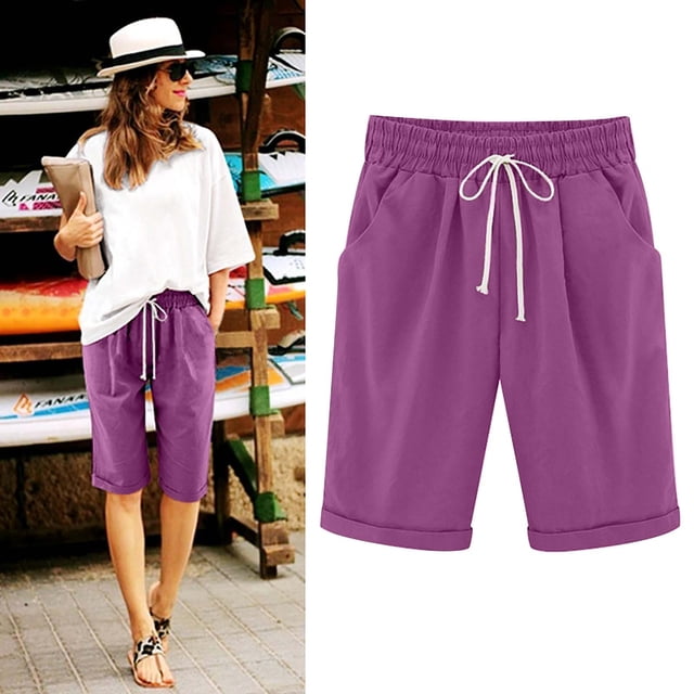 PEZHADA Shorts Décontractés d'Été en Coton et Lin pour Femme, Violet, G