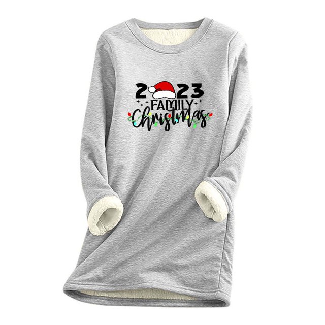 LSLJS Hauts Thermiques pour Femmes, Hauts à Manches Longues Chauds en Peluche Épaissie à Col Rond avec Imprimé de Noël pour Femmes