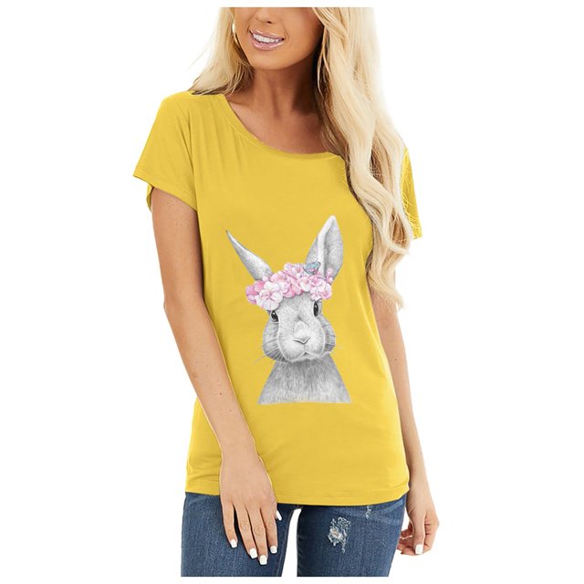 T-shirt d'Été Grande Taille pour Femmes, Hauts d'Été pour Femmes, Col Rond, Imprimé Lapin, T-shirt de Pâques à Manches Courtes, Blouse Décontractée Ample, T-shirt à Col en V pour Femmes en Liquidation