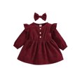 thumbnail image 1 of Xingqing Robe Princesse d'Automne pour Bébé Fille 2 Pcs à Volants à Manches Longues Boutonnée en Velours Côtelé Robe Trapèze Bandeau Rouge Vin 12-18 Mois, 1 of 9