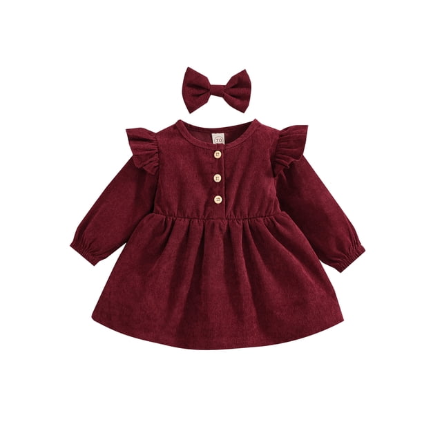 Xingqing Robe Princesse d'Automne pour Bébé Fille 2 Pcs à Volants à Manches Longues Boutonnée en Velours Côtelé Robe Trapèze Bandeau Rouge Vin 12-18 Mois