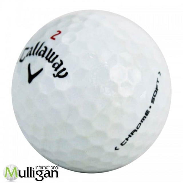 Mulligan - 60 Callaway Chrome Soft 4A Recycled Used Golf Balls, white dimpled golf ball with black Callaway logo, red number 2, and 'Chrome Soft' text, offering soft feel, excellent tee-to-green distance, and near-green control, suitable for eco-friendly golf play.