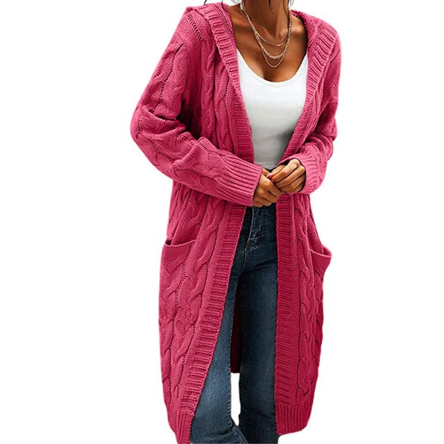 Women Hooded Open Front Cardigan Cable Knit Sweaters Solid Chunky Long Sweater Coats with Pockets