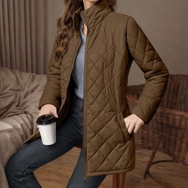 Mceream Jackets for Women Trendy 2025 Long Sleeve Stand Collar Zip Up Quilted Coat Lightweight Solid Winter Warm Jacket with Pockets Plus Size Outwear Abrigo Largo De Invierno Para Mujer Brown S