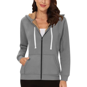 YUTK Womens Coats Outerwear Winter Women's Long Sleeve Hoodies Winter Warm Fleece Lined Zip Hooded Sweatshirt Jacket Coat with Pocket Sale Gray M