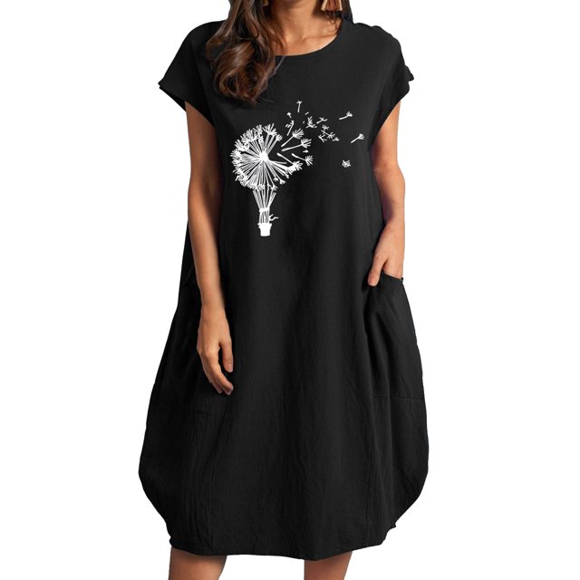 Robes pour Femmes 2022 Robe à Manches Courtes à Col Rond Grande Taille Robe Imprimée Décontractée Ample d'Été Midi avec Poches