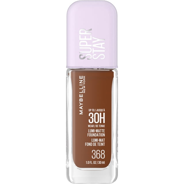 Maybelline New York Super Stay Lumi Matte Foundation shade 368 in a 30ml clear rectangular glass bottle with a light purple cap labeled Super Stay, offering up to 30 hours of lightweight, longwear liquid foundation with a matte finish and subtle luminosity, ideal for all skin types.