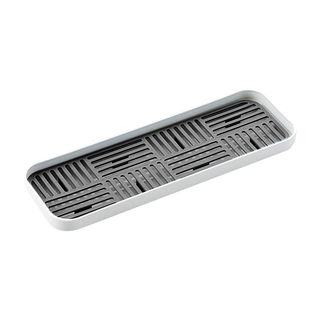 Sponge Holder for Kitchen Sink in gray, featuring a double-layer plastic design for efficient draining and organization. Measures 30x10x3cm (11.81x3.93x1.18in) and is compact for small spaces. Ideal for holding sponges, dishcloths, and other kitchen essentials.