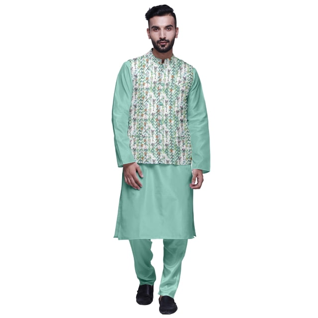 Atasi Mandarin Collar Traditional Solid Kurta Pajama With Printed Jacket Set